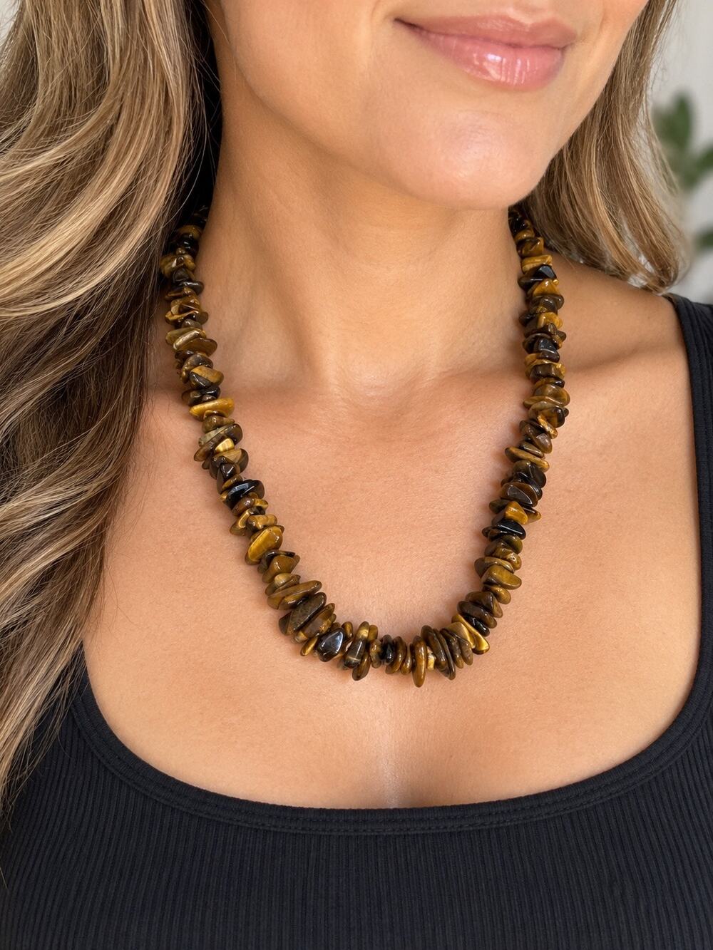 Tiger’s Eye Gemstone Chip Beaded Necklace Brown Gold Natural Stone Jewelry